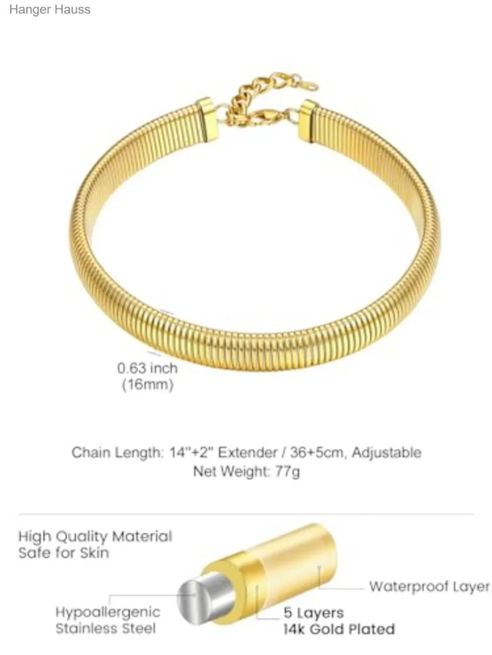 Chunky Chain Choker Necklace 14k Gold Plated Stainless Steel Snake Link